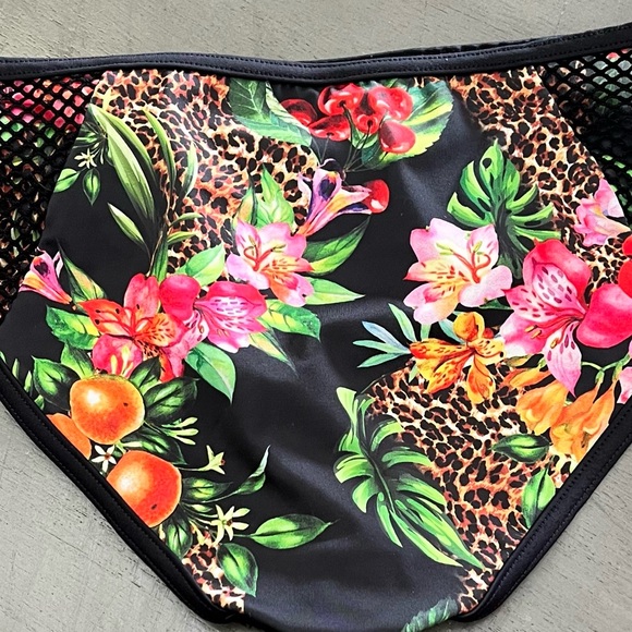 Black Hot Pink Floral Animal Cherry & Orange Print Mesh Trim Bikini Bottoms M - Picture 4 of 4
